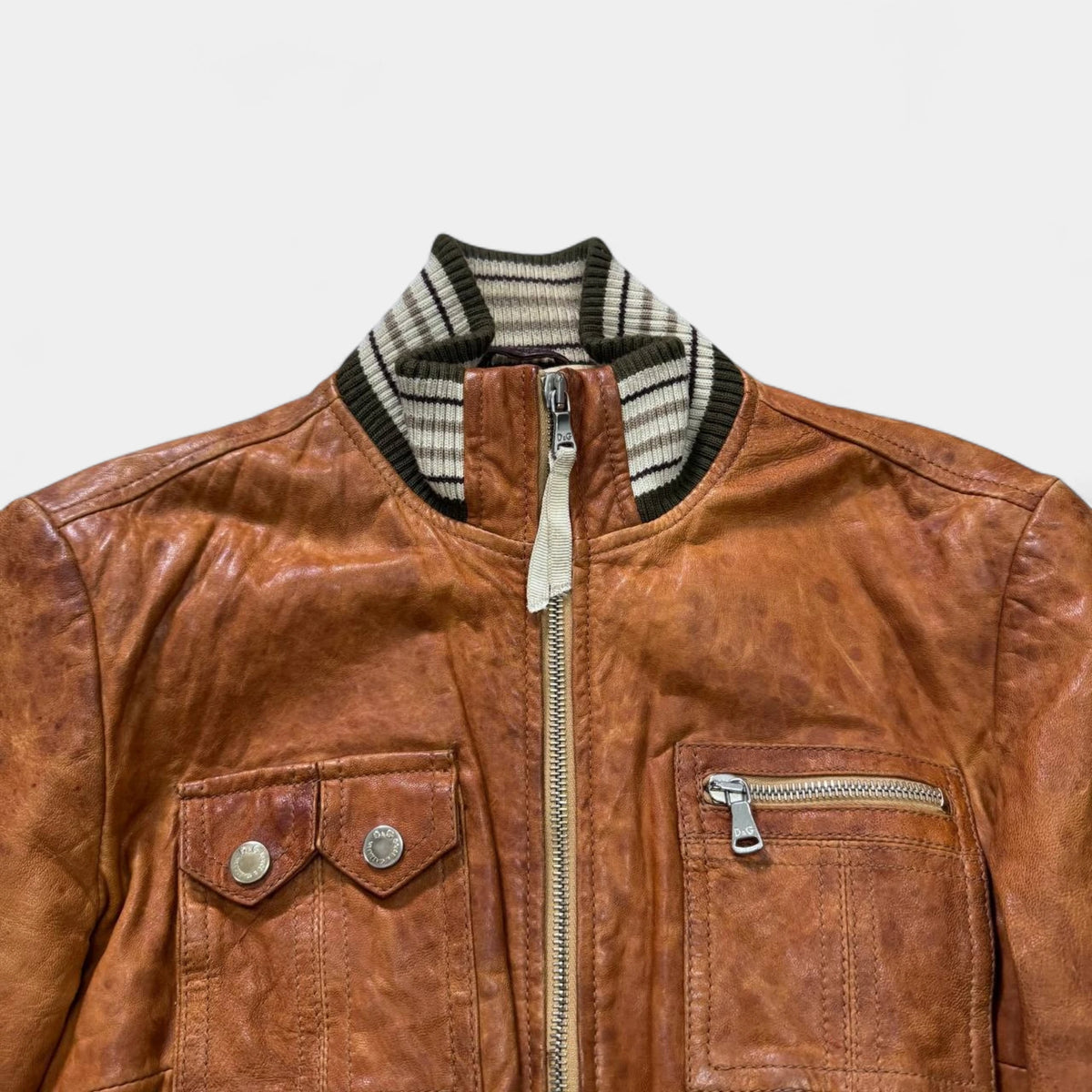 Dolce & Gabbana Early 2000s Distressed Brown Leather Multi-Pocket Bomber Jacket