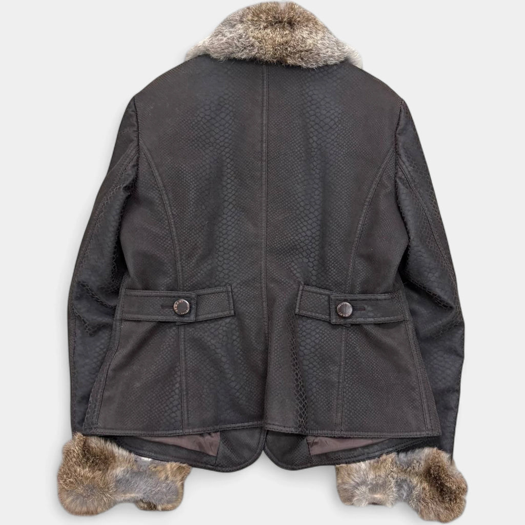 Armani Collezioni Late 1990s Embossed Snake Texture Fur Trim Brown Jacket