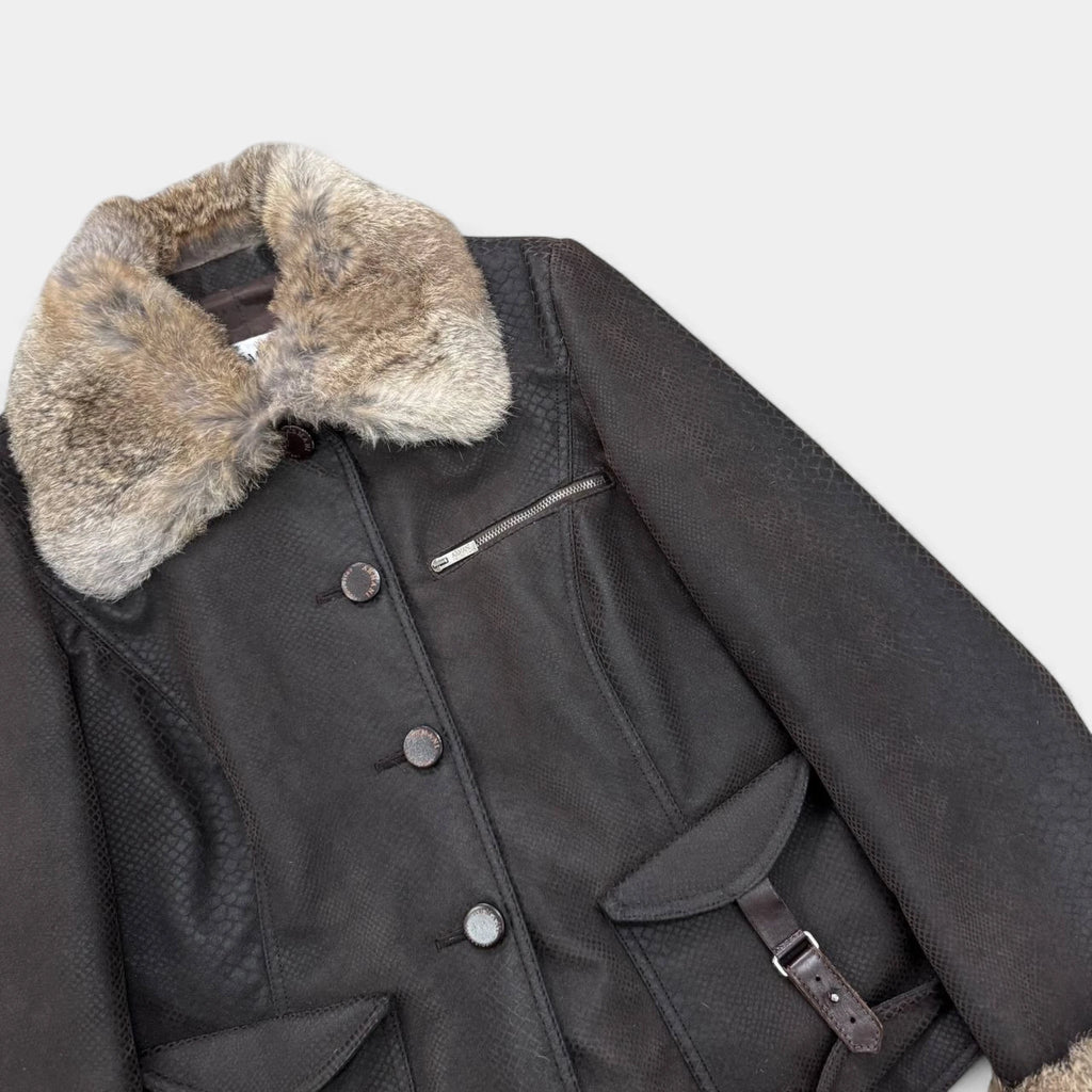 Armani Collezioni Late 1990s Embossed Snake Texture Fur Trim Brown Jacket
