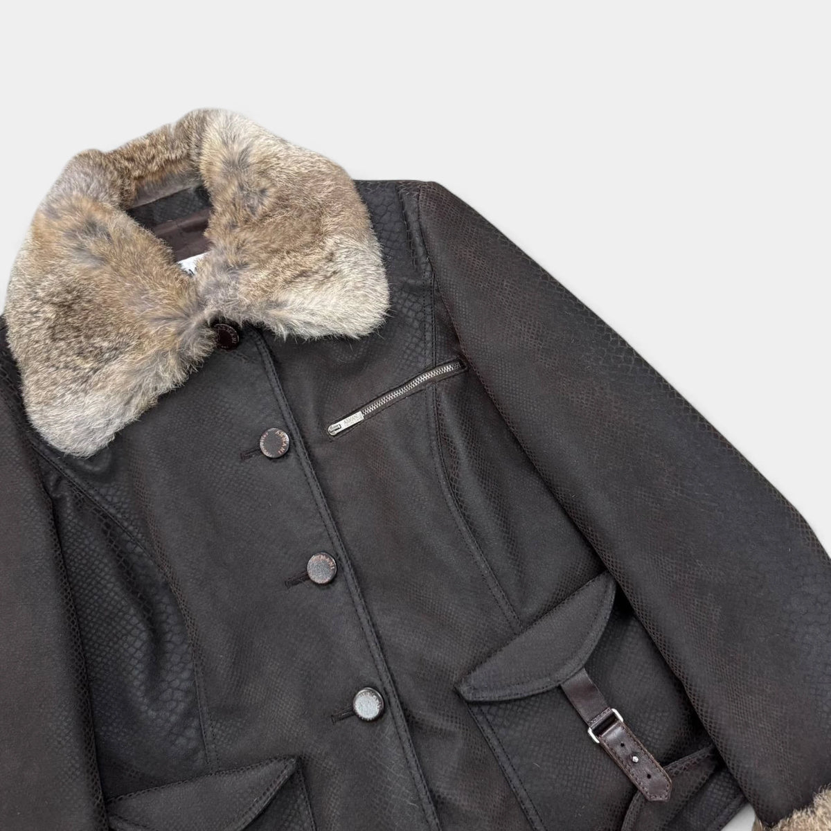 Armani Collezioni Late 1990s Embossed Snake Texture Fur Trim Brown Jacket