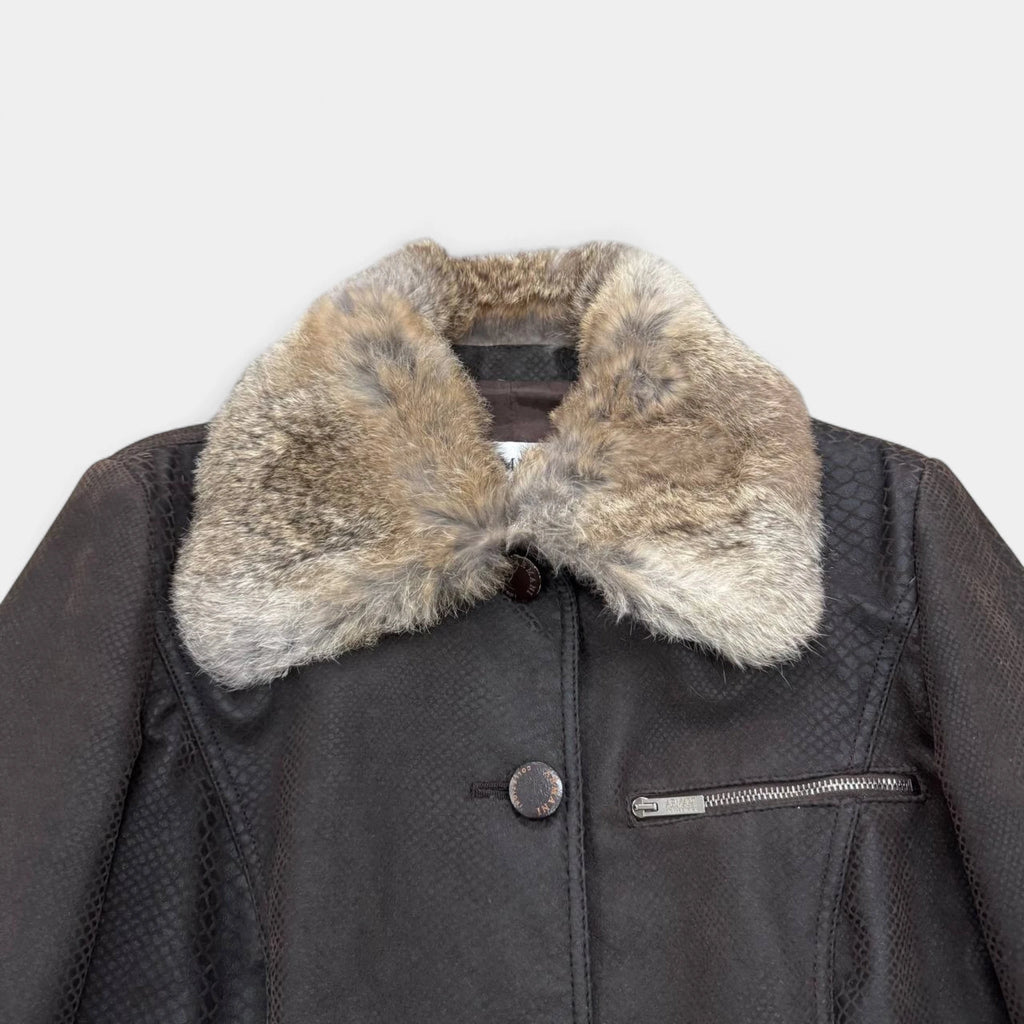 Armani Collezioni Late 1990s Embossed Snake Texture Fur Trim Brown Jacket