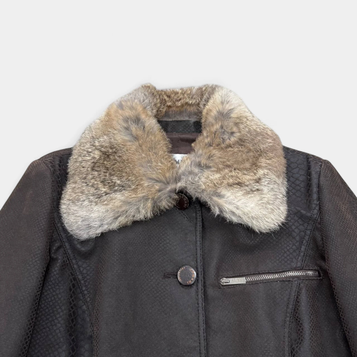 Armani Collezioni Late 1990s Embossed Snake Texture Fur Trim Brown Jacket