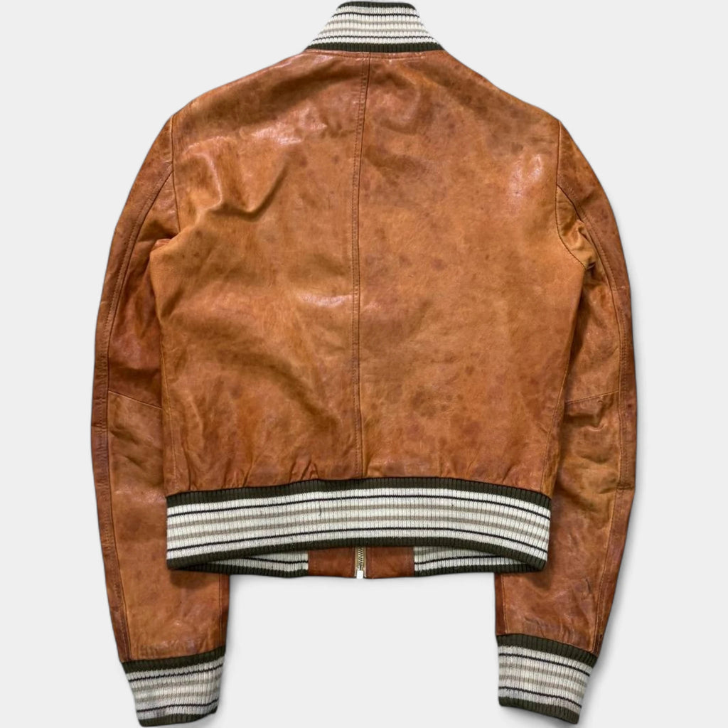 Dolce & Gabbana Early 2000s Distressed Brown Leather Multi-Pocket Bomber Jacket