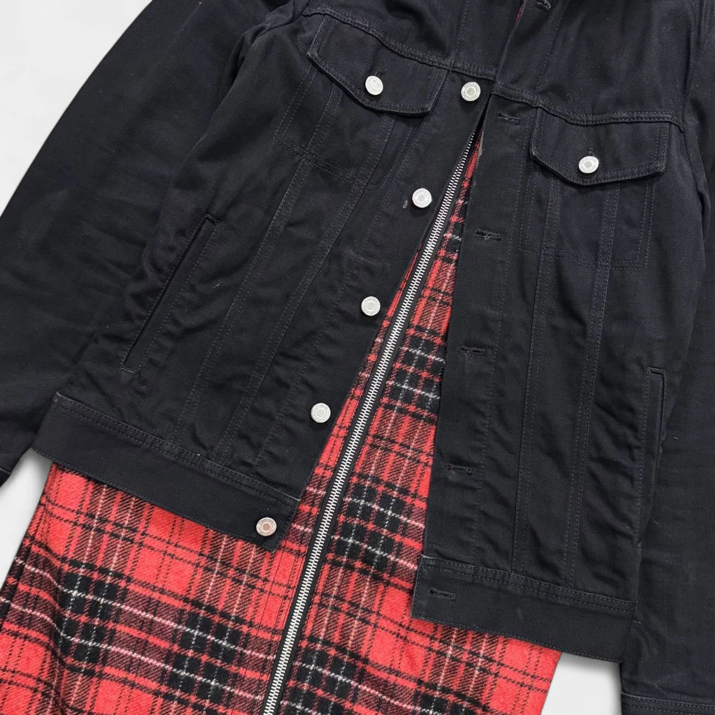 Givenchy FW15 Layered Black Denim and Red Tartan Hooded Coat