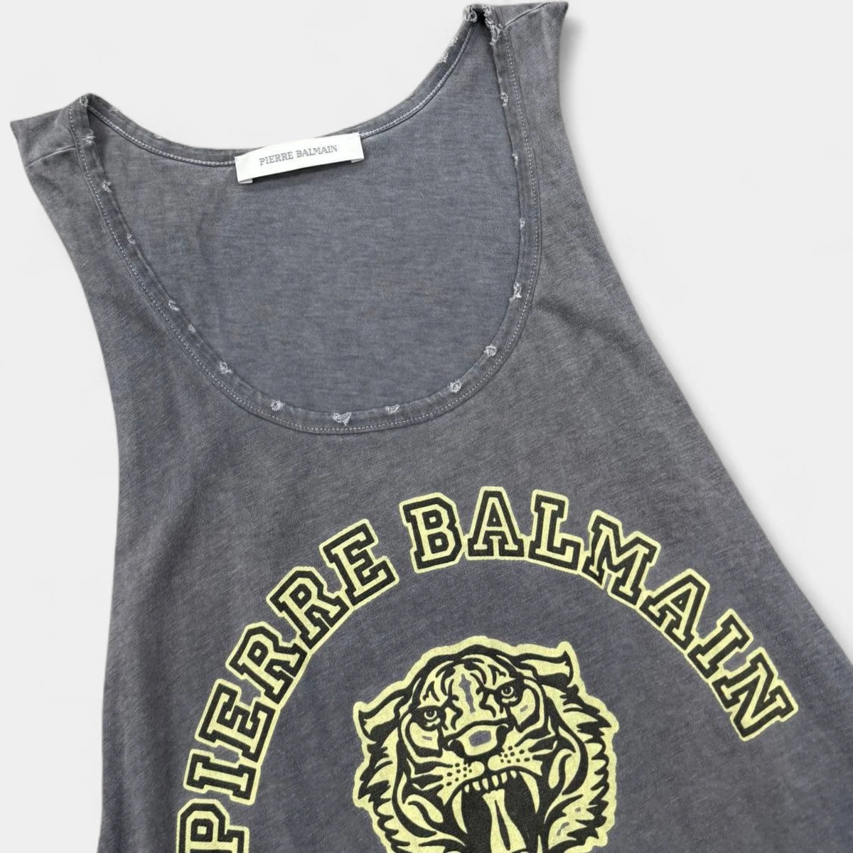 Pierre Balmain SS11 Distressed Washed Grey Tiger Graphic Extra Long Tank Top