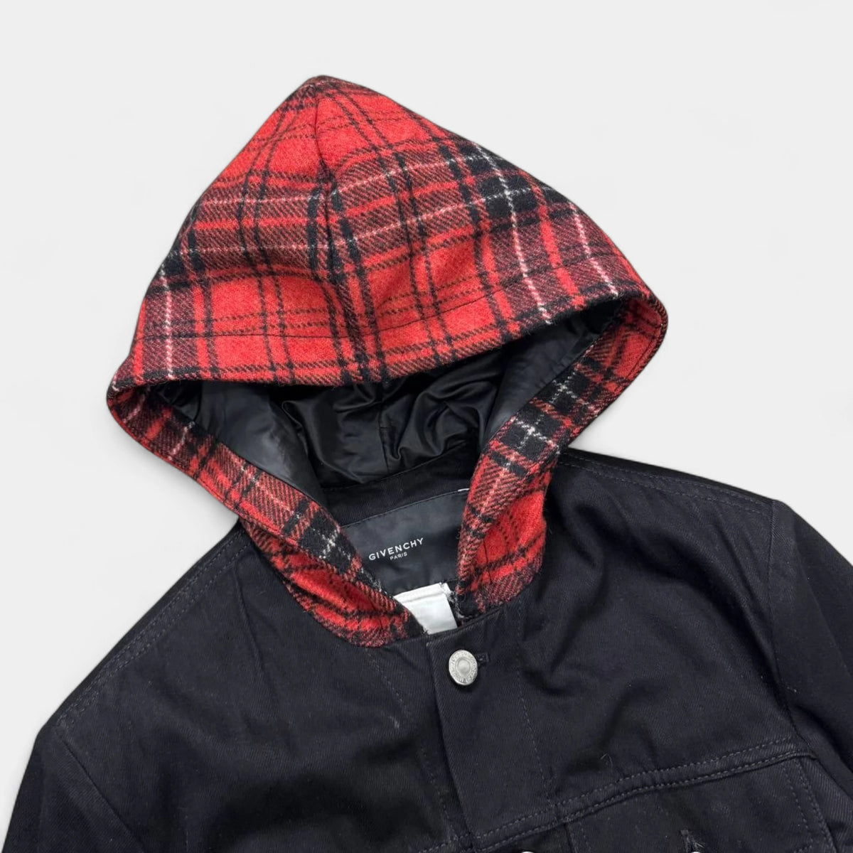 Givenchy FW15 Layered Black Denim and Red Tartan Hooded Coat