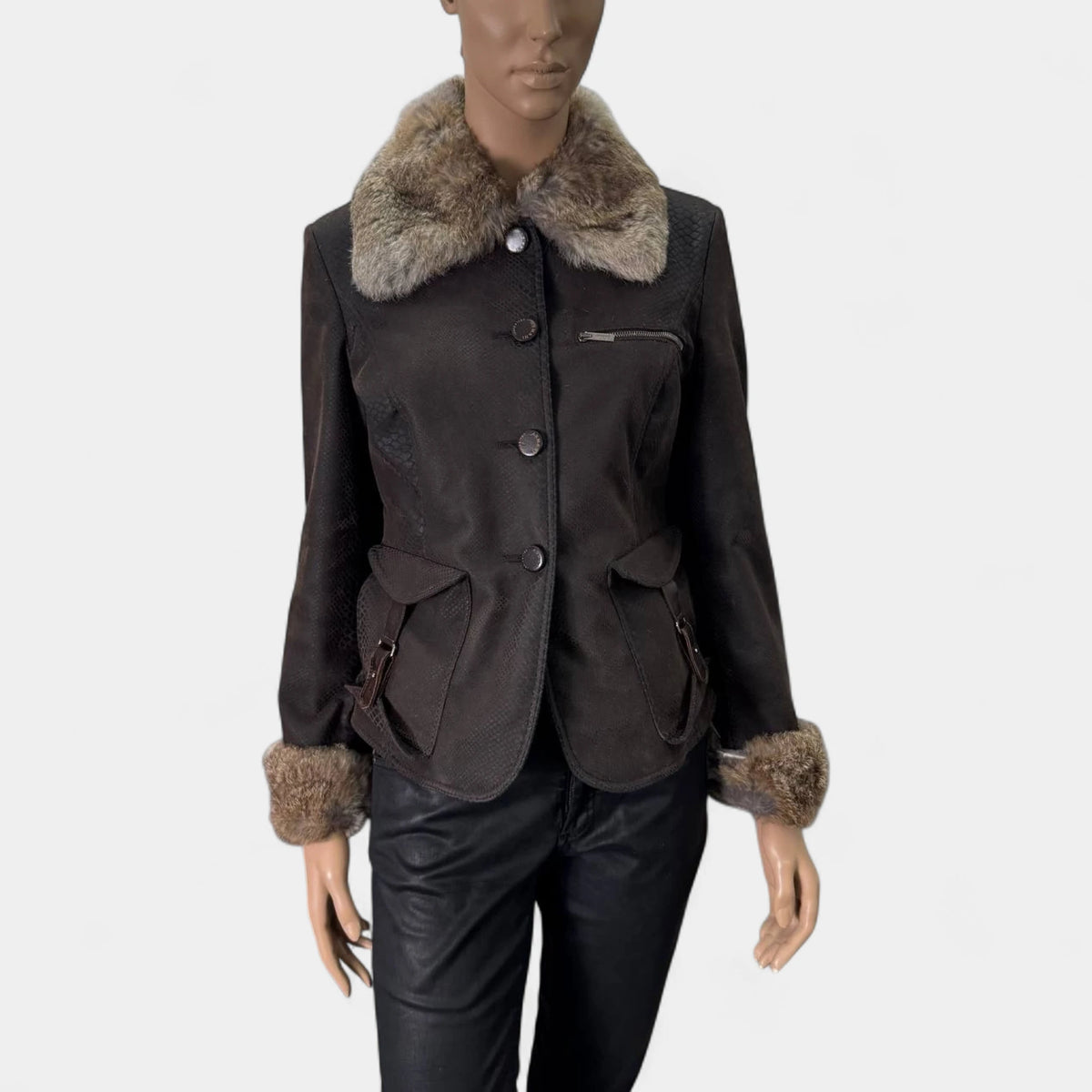 Armani Collezioni Late 1990s Embossed Snake Texture Fur Trim Brown Jacket