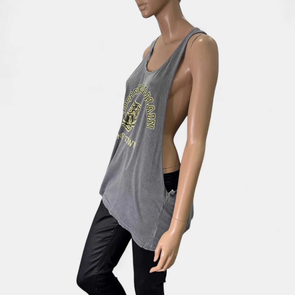 Pierre Balmain SS11 Distressed Washed Grey Tiger Graphic Extra Long Tank Top