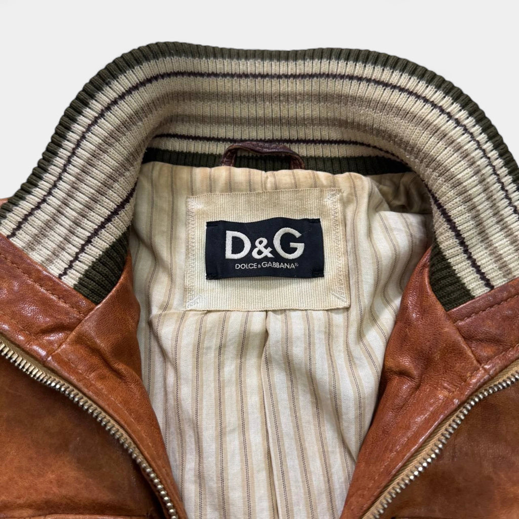Dolce & Gabbana Early 2000s Distressed Brown Leather Multi-Pocket Bomber Jacket