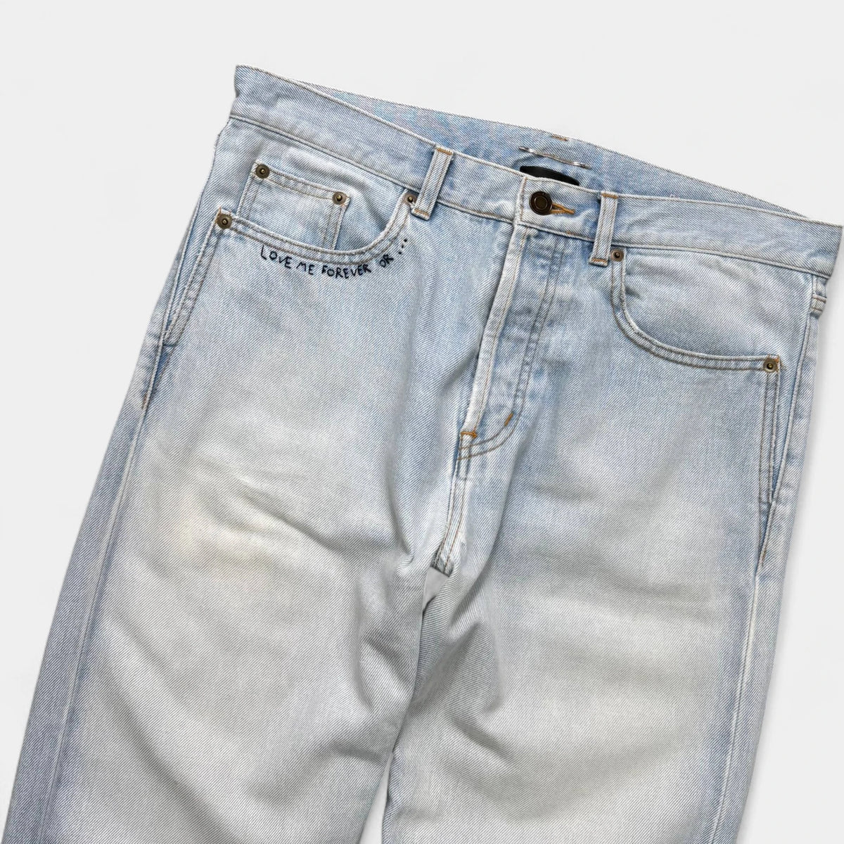 Saint Laurent "Love Me Forever Or..." Embroidered Denim Jeans