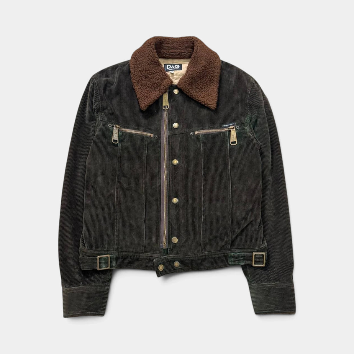 D&G Dolce & Gabbana Early 2000s Dark Brown Corduroy Shearling Collar Bomber Jacket
