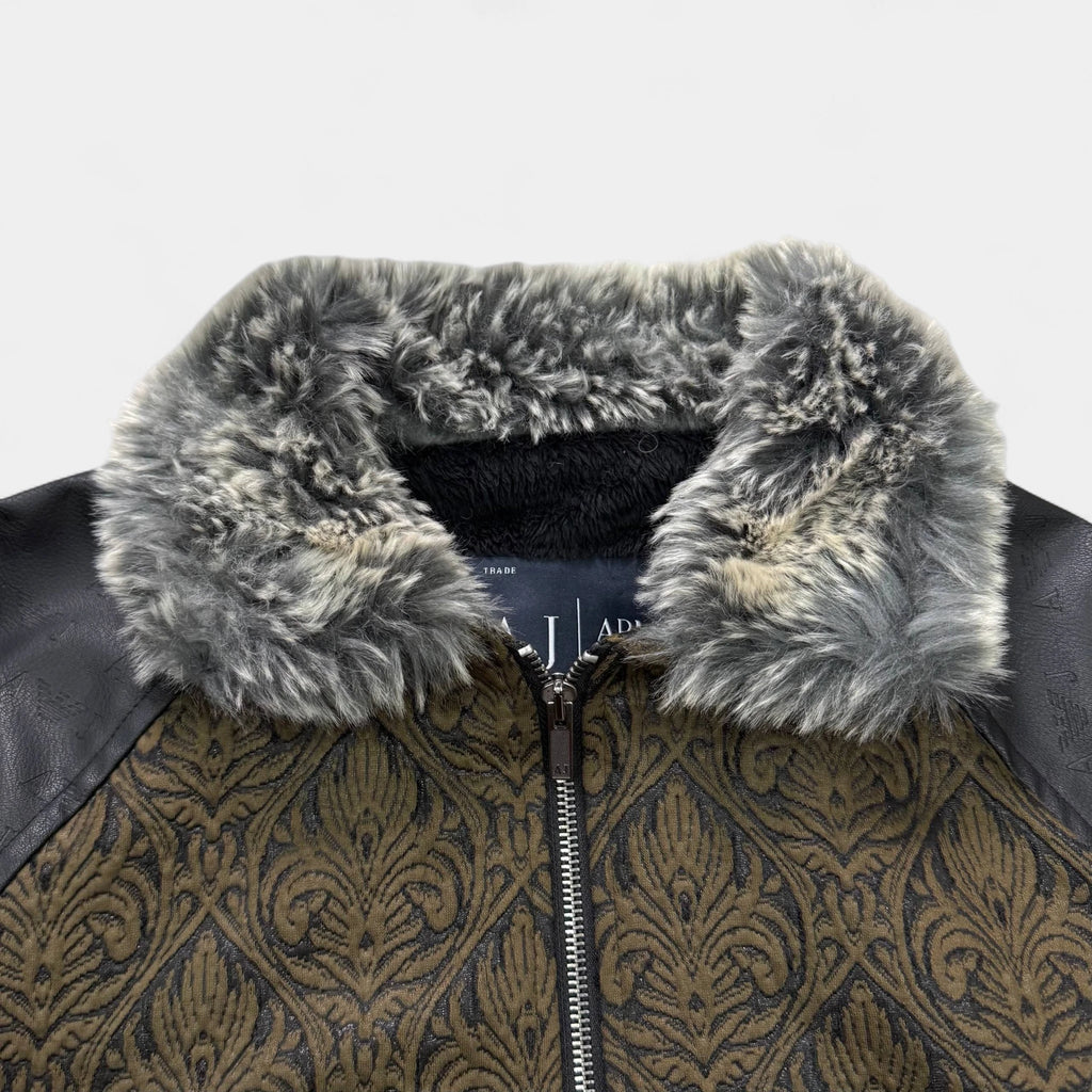 Armani Elegant Tapestry Fur Collar Vegan Leather Sleeve Jacket - detail 3