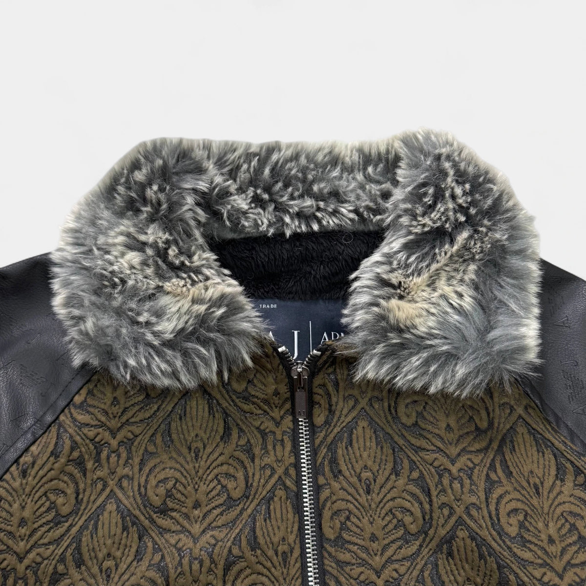 Armani Elegant Tapestry Fur Collar Vegan Leather Sleeve Jacket - detail 3