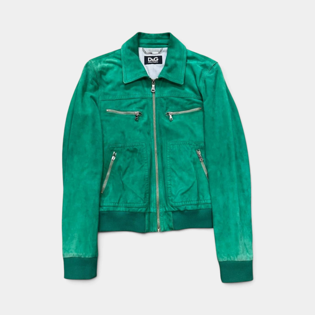 D&G Dolce & Gabbana Late 1990s / Early 2000s Green Suede Multi-Zip Blouson Jacket