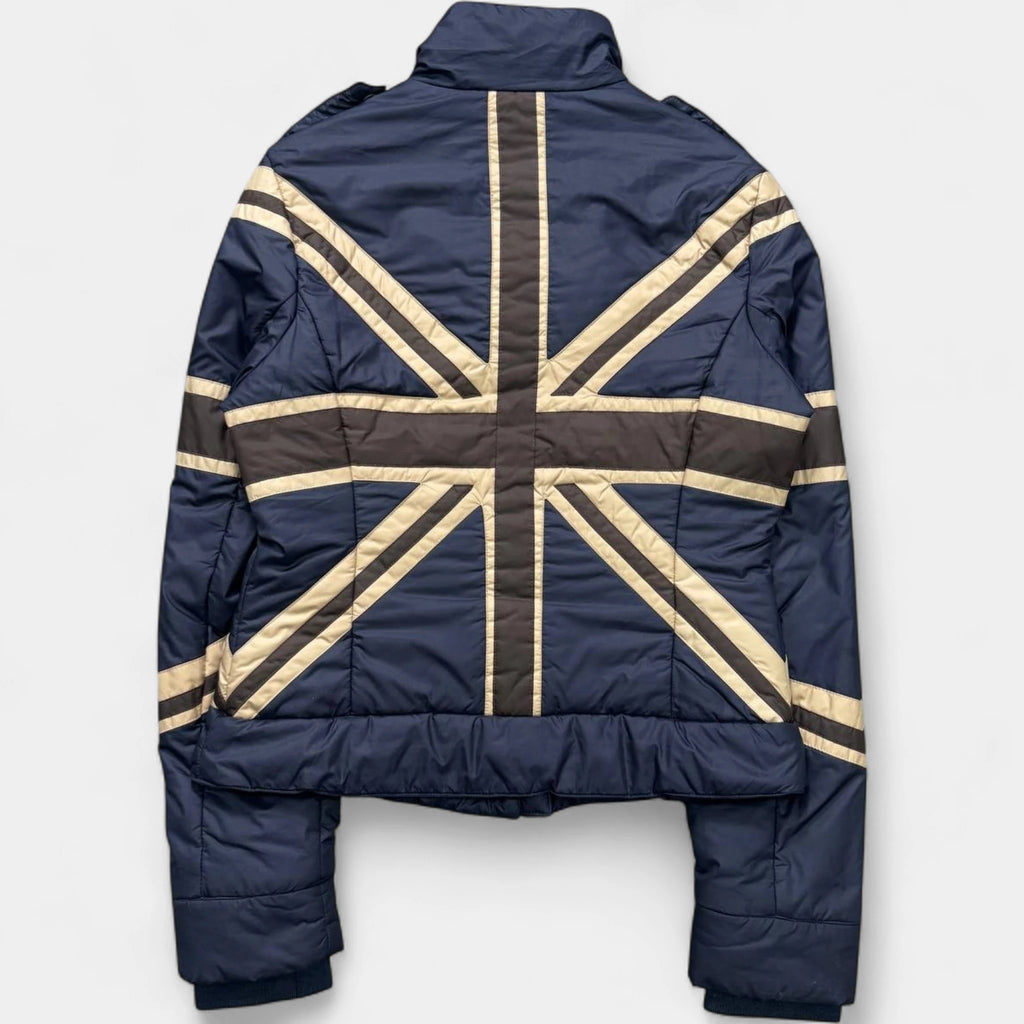 Moschino Late 1990s Union Jack Blue and Brown Light Puffer Jacket