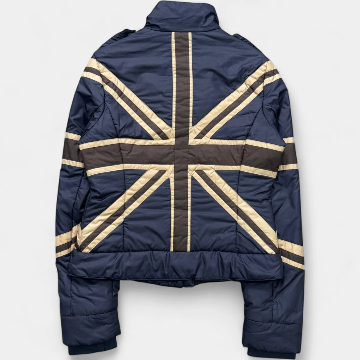 Moschino Late 1990s Union Jack Blue and Brown Light Puffer Jacket
