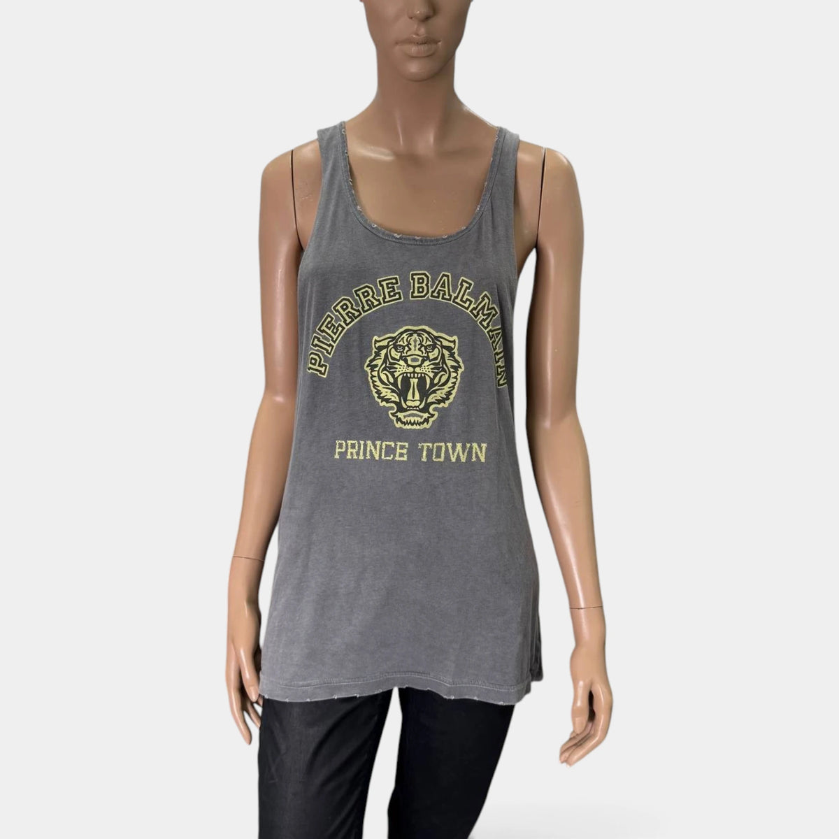 Pierre Balmain SS11 Distressed Washed Grey Tiger Graphic Extra Long Tank Top