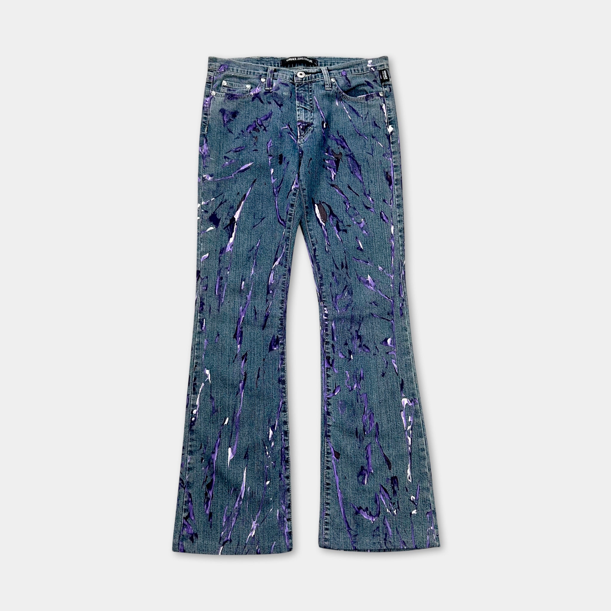 Versace Jeans Couture 2000s Blue Painted Denim Flared Pants